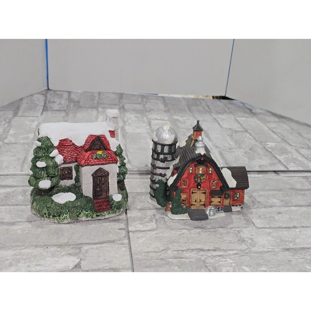O'Well China Red Barn Silo Christmas Village House 1997 w/ white brick‎ house